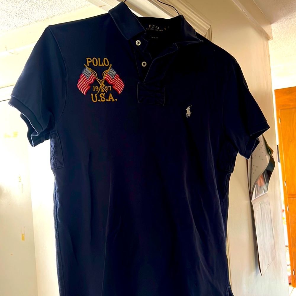 Very nice navy blue Polo shirt with American flag
